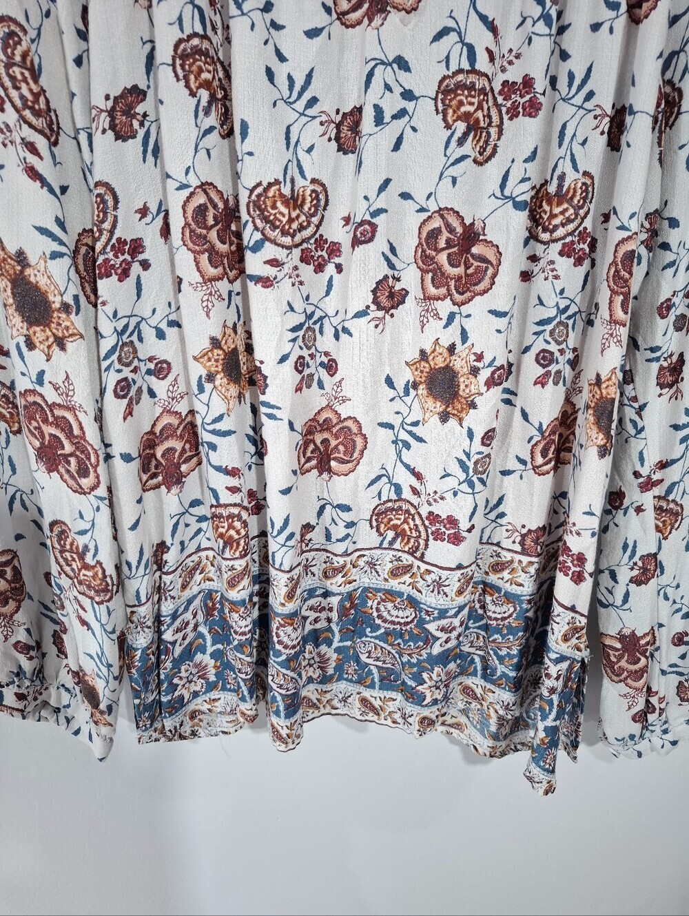 Lucky Brand Womens XL Cream Rust Peasant Boho Top Tassel Tie Paisley Floral - Picture 3 of 10